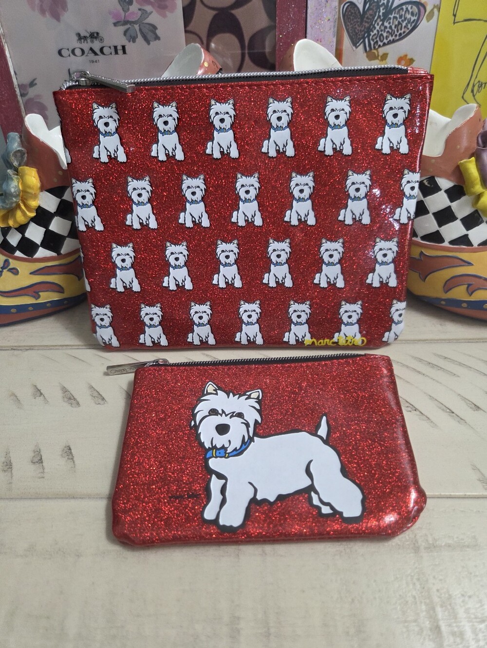 Marc Tetro with a repeated Highland White Terrier dog print, Red Glitter, NWOT